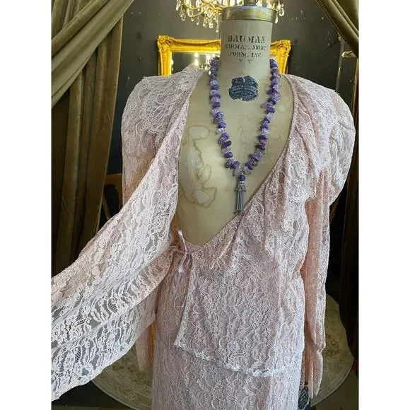 vintage 1980s sheer pink lace suit 80s fashion puff shoulders wrap blouse skirt - Picture 9 of 10